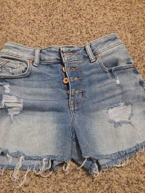 Light Wash Distressed Denim Button-Fly Shorts
